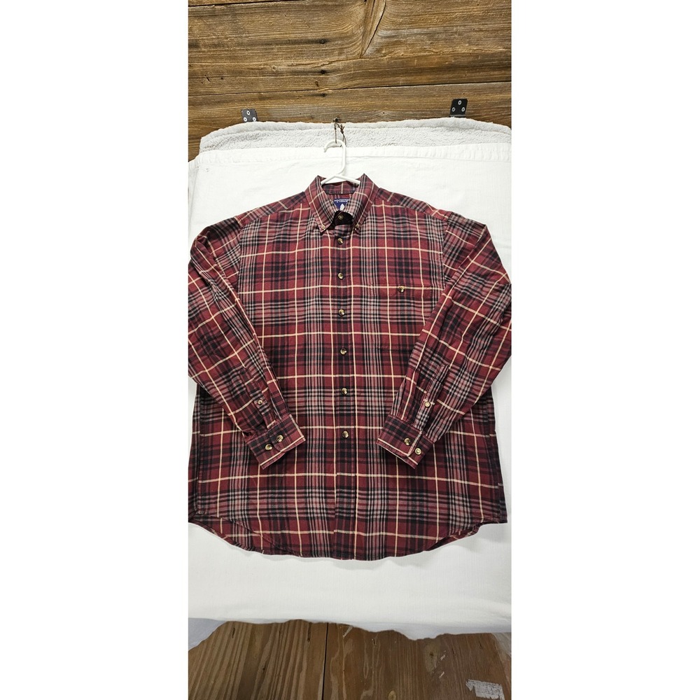 Roundtree & Yorke Mens Large Portuguese Flannel Shirt Burgundy Plaid Button Down